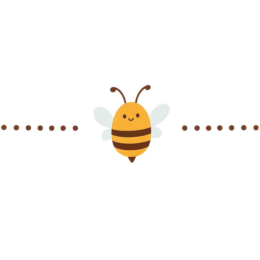 Horizontal divider featuring a cute cartoon bee with a golden-yellow body, black stripes, light blue wings, and curved antennae. The bee is centered between two dotted lines made of evenly spaced dark brown dots, all set against a white background. The design is simple, warm, and child-friendly—ideal for separating homepage sections with a touch of whimsy.