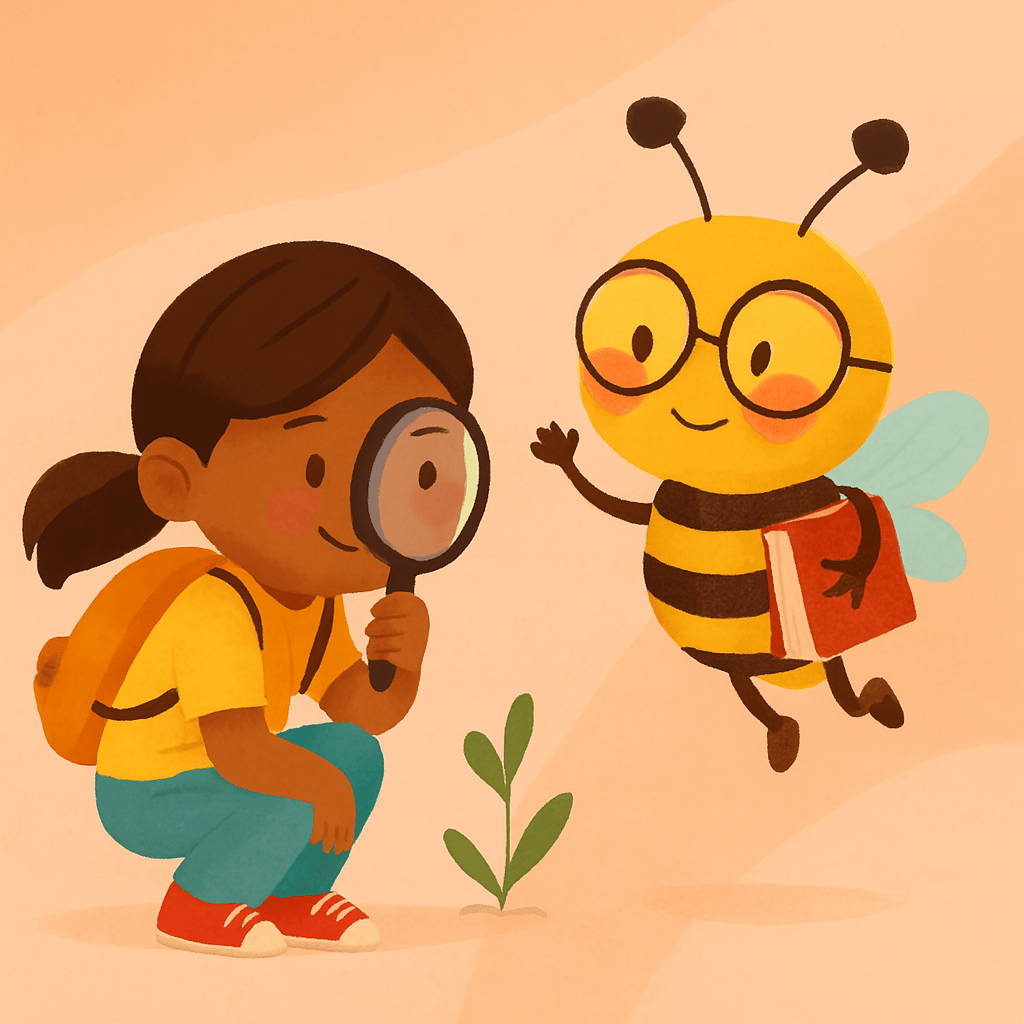 A young child with brown skin and a ponytail crouches to observe a small green sprout using a magnifying glass. They wear a yellow shirt, teal pants, red sneakers, and an orange backpack. Beside them, a friendly bee with glasses and a red book waves warmly. The background is a soft peach gradient, evoking curiosity and gentle learning.